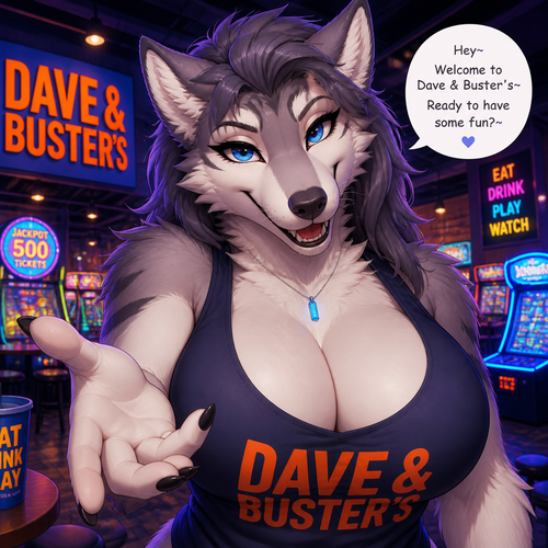 A well-made busty female adult Sergal is inside the Dave’s and Busters arcade in a mall, and having a good time. Animated version. Wears a visible tank-top. Flirty and soft. Front/closer view. Frontshot. Welcomes you. Has pretty fangs and eyeliner.