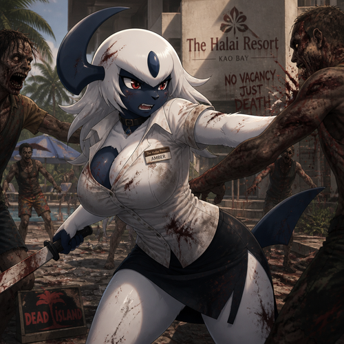 An busty anthro female Absol, in the universe of Dead Island, fighting for her life around zombies, works at the hotel but now a survivor, and fearless. Animated version. Name Amber while wears a name tag.
