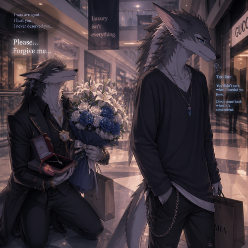 An arrogant billionaire male Sergal who brought gifts and flowers for an apology for the things he did/said by regret while begging forgiveness to an ex-boyfriend male Sergal that wears a necklace who’s not rich enough yet unhappy mood while looking away at the mall. A sad ending anime.