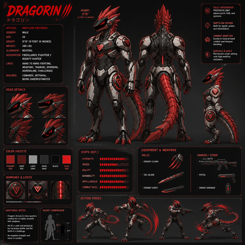A young light red male raptilian protogen that’s mostly machine. Reference sheet, height of 9 foot 10 inches, likes hand to hand fighting and weapons. Has the name of Dragorin. Anime art style.
