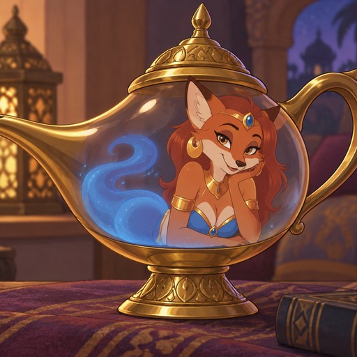 A female anthropomorphic fox genie named Amber, has a blue genie tail, is inside her lamp, animated style