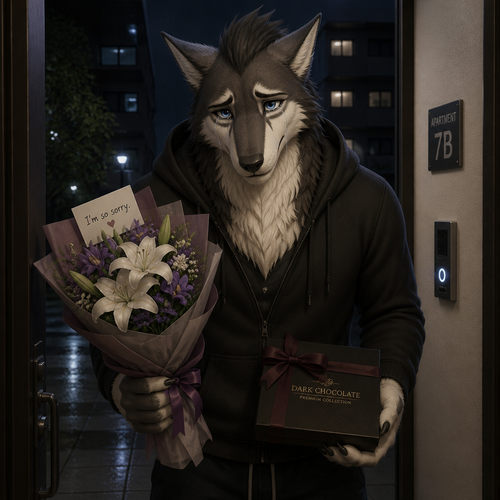 A well-made grown foolish Sergal male character who’s at the outside door of the apartment building who came with a tearful face and carry some flowers and some dark chocolate for came for apology of how sorry he was to his dear friend the other Sergal at a front view.
