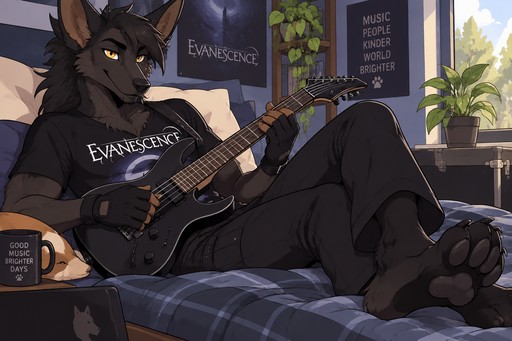 male, maned wolf, black fur, Gold eyes, digitigrade footpaws, black Evanescence shirt, black pants, fingerless black gloves, chest fluff sticking out of neck of shirt, laying back, playing guitar