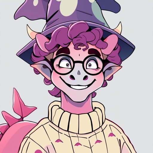 A pink dragon adult man smiling in 3/4 perspective. He is wearing round glasses, a sweater, and a wizard hat. He has curly purple hair and tiny fangs.