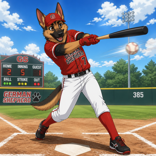 A young male German shepherd wearing a red baseball uniform. Playing baseball. Anime art style, solo, full body.