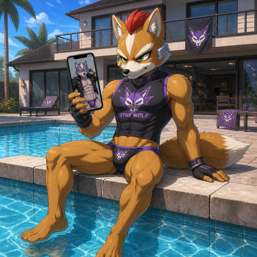 Fox McCloud wearing a purple Star Wolf themed speedo and a tight Star Wolf themed sleeveless shirt with a red mohawk hairstyle. He is sitting on the edge of his pool with a two story house behind him, he is looking at his phone with a selfie picture from Wolf O’Donnell in a purple jockstrap and a short spiked leather jacket. Anime art style, full body.