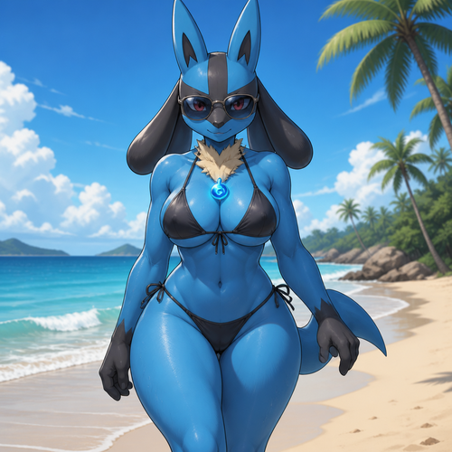 A well-made female Pokemon character, Lucario. Wears a bikini. Has thick thighs. Wears sunglasses. Walking around in the beach. Has no spikes. Wears an aura necklace. Nice front view. Attractive.