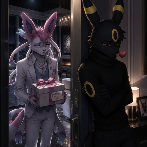 A sad rich male Sylveon, who came to see and offering a gift with a bow on it for apology, Still loves his male Umbreon that wears black sweater standing on a front door inside of his modern house feeling very unhappy and hurt to see and still has a broken heart. In the anthropomorphic universe (well-made).