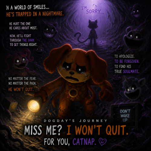 In Smiling critters verse, DogDay is here and must find his true soulmate Catnap, wants to apologize for how sorry and set things right. Trapped Into a void of darkness like a bad dream. Wants to end A broken friendship. Fight through the horrifying threats alone. Missis and won’t quit.