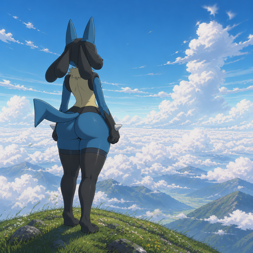 A Lucario with thicc thigh highs just standing at the top of a hill enjoying some alone time and looking at the clouds from above. Animated version. back view.