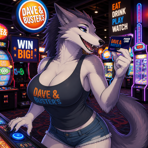 A well-made busty female adult Sergal is inside the Dave’s and Busters arcade in a mall, and having a good time. Animated version. Wears a tank-top.