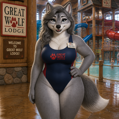 A well-made adult anthro female grey Wolf character that wears a swimsuit. Who works at Great Wolf Lodge, the water park. Has thick thighs and a bushy tail. Has eyeliner and a lovely smile. Front view.