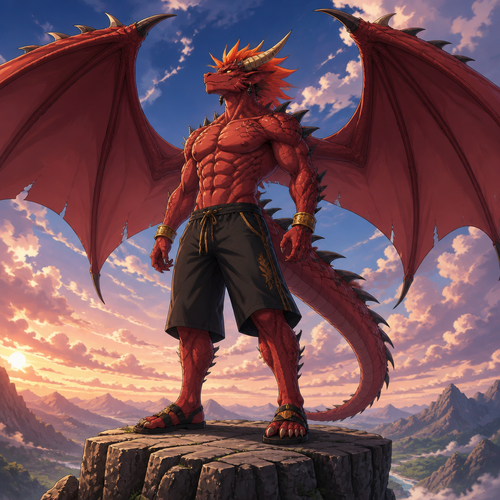 A male red dragonoid with a spiked spine, standing at 6 foot 8 inches, wearing loose black shorts, shirtless showing off a 16 pack of abs, gold bracelets on both wrists, obsidian earrings on both ears, leather sandals, orange horned mohawk, with a wide wingspan. He is standing atop a cliff looking at the sky. Anime art style, solo, full body.
