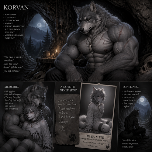 The well-made big and buff alpha male grey wolf tribe who lives in a cave all alone with no pack and misses his ex-mate (a male femboy omega grey wolf beta) sadly.