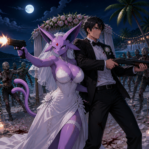 In this reality, at the wedding right before everything was perfect and then after the zombies crashed the party. A busty adult female anthro Espeon the bride and her human groom as husband and wife stand together and face the living dead at night. A well-made anime version. A modern life. On a tropical island.