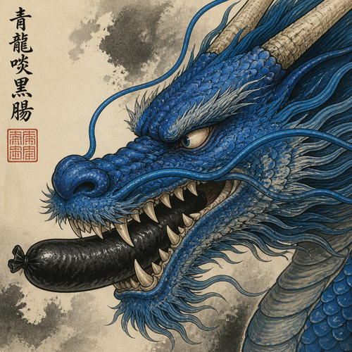 Japanese art style. blue chinese dragon.face close-up.black sausage biting.side-view.