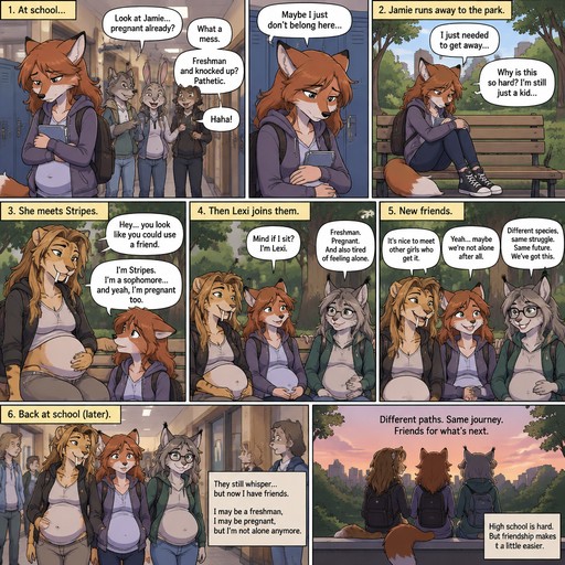 A multi panel comic about a lanky teenage female anthropomorphic fox named Jamie that is pregnant in high school, Jamie is first made fun of before she runs away to a park and meets a lanky female anthropomorphic saber tooth tiger named Stripes who is also pregnant in high school and a lanky female anthropomorphic Canadian Lynx named Lexi that is pregnant in high school and wears glasses and they become Jamie’s friends, everyone is either a freshman or a sophomore, animated version