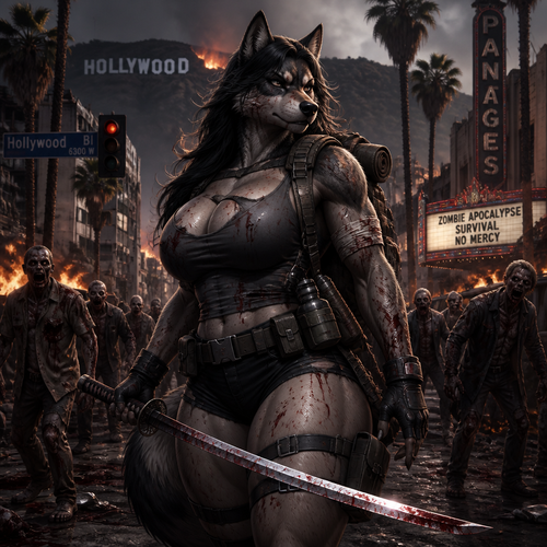 A busty well-made adult anthro wolf hound that has thick thighs and survival gear on and holding a saber sword for a blood thirsty zombie apocalypse, in Hollywood. 