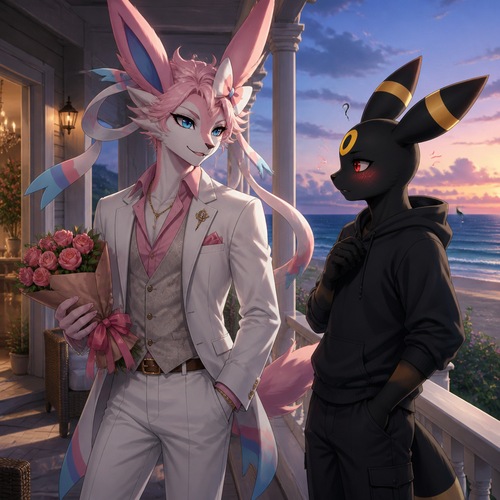 In a anthropomorphic world, a handsome Barron Sylveon who is gay and lives on a mansion of garden. Came to ask a non-rich grown Umbreon (blushing and confused) on a date. At the beach on a porch. Well-made version and characters. A modern life.