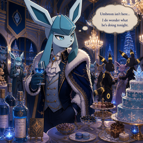 A very wealthy Glaceon (the male Barron) that wonders about a non-rich grown Umbreon male character who’s not around in his welcoming party. There were cakes and snacks also booze on each table. A well-animated version.