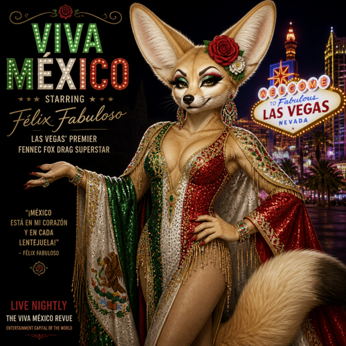 A well-made grown homosexual anthro Fennec Fox as a drag queen a star of Las Vegas for Viva Mexico.