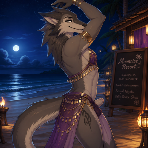 A homosexual adult male Sergal, doing a belly dancer, has good hips and a pretty smile, wears eyeliner, at the beach at night, and works at a resort on the island. Giving a flirting look. In an animated verse. A hidden bulge. Side view.