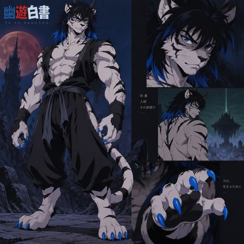 Male, anthro white tiger, digitigrade footpaws, thick black hair with blue tips, blue eyes, Muscular, Demon, Bright blue claws, Yu Yu Hakusho