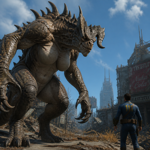 A well-made large female character from fallout 4, a Deathclaw who sees a human.