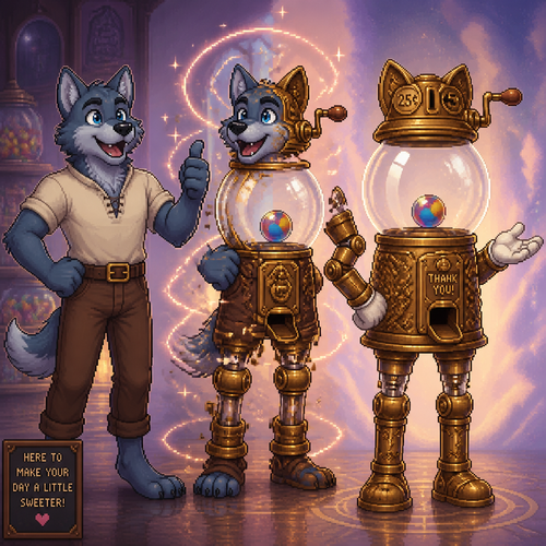 [A pixel art/anime hybrid scene. A generic, well-meaning male wolf furry (blue-grey fur, simple outfit) standing proudly. His form is beginning to transform into a gorgeous, ornate antique brass gumball machine. Pistons for legs, a curved glass dome for a torso (with a single, colorful gumball inside), and his wolf ears morphing into the machine's coin slot and crank handle. He looks happy and helpful, as if this was his idea all along. The background is soft and slightly magical.]

