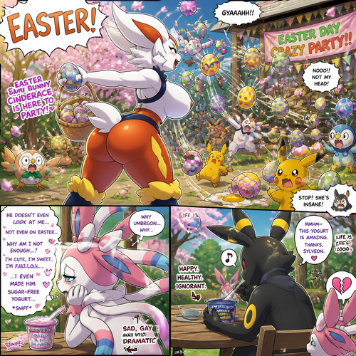 A busty well-made fluffy female Pokemon character, Cinderace. Who celebrates on today’s Easter Day and shouts, EASTER! And wrecking up a place like a crazy party gal while she knocked other terrified Pokemon by throwing eggs at them but A cute but creepy but a gay male Sylveon just as sad and irritating about being ignored by a male Umbreon while eating a healthy yogurt distracted and appreciated. All well-made characters. A dramatic and a funny comedy show. A comic views. Spring season. Side/back view.