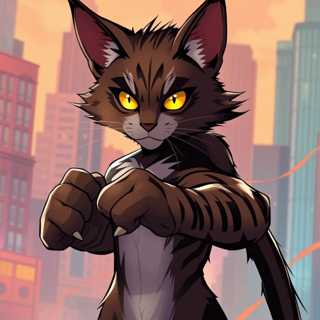 Large dark brown tabby Tom with amber eyes and long front claws. Ambitious, crafty,charismatic and a brilliant fighter