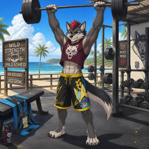 A middle school aged male dire wolf wearing loose Zeraora themed swim trunks, a maroon sleeveless shirt with a wolf skull design and a short red mohawk hairstyle. The sleeveless shirt is riding up showing off a 8 pack of abs as the dire wolf is lifting weights over his head at an outdoor beach side gym. On a bench next to him lays a Lucario style towel. Anime art style. Solo full body