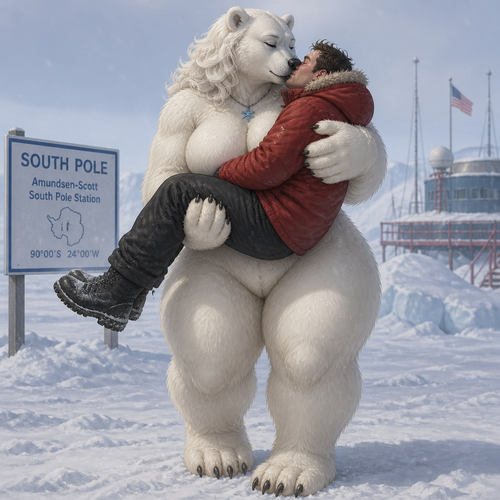 A busty well-made lovely anthro female polar bear that has thick thighs and thick fur who lives in a South Pole. Picks up a man and Giving him a gentle bear hug for warmth and a kiss while standing.