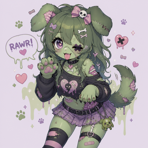 A green zombie dog furry girl kawaii artstyle