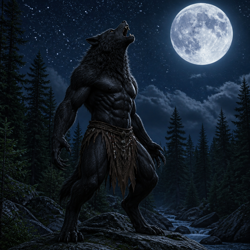 Male black werewolf wearing a tribal loincloth. It is nighttime in a forest with a full moon in the night sky with stars brightly shining in the sky. The werewolf is howling at the moon.