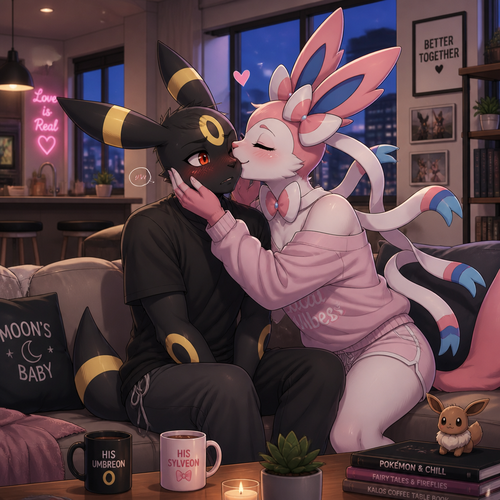 In an anthropomorphic universe, both young male adults couples living together in a modern apartment. Gay marriage. Animated verse. A shy Umbreon getting smooched by a gorgeous Sylveon that wears something comfortable.