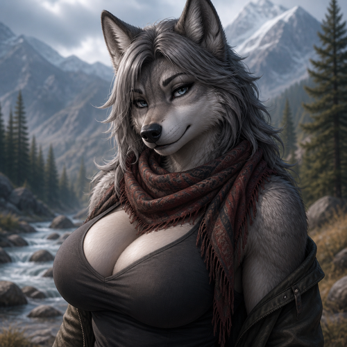 A well-made busty grey Wolf female that wears a scarf in a wilderness.
