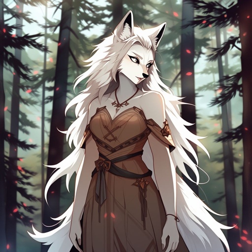 wolf, female, anthro, she stands at full height obliquely and looks into the camera