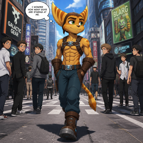 A high school aged Ratchet from Ratchet and Clank wearing his normal clothes but instead of a shirt it is instead a leather harness with a 16 pack of abs showing. He is walking confidently down a street in a big city wondering how many guys are staring at him. Anime art style, full body.