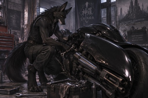 male, maned wolf, black fur, digitigrade feet, gold eyes, final fantasy advent children motorcycle, working on motorcycle