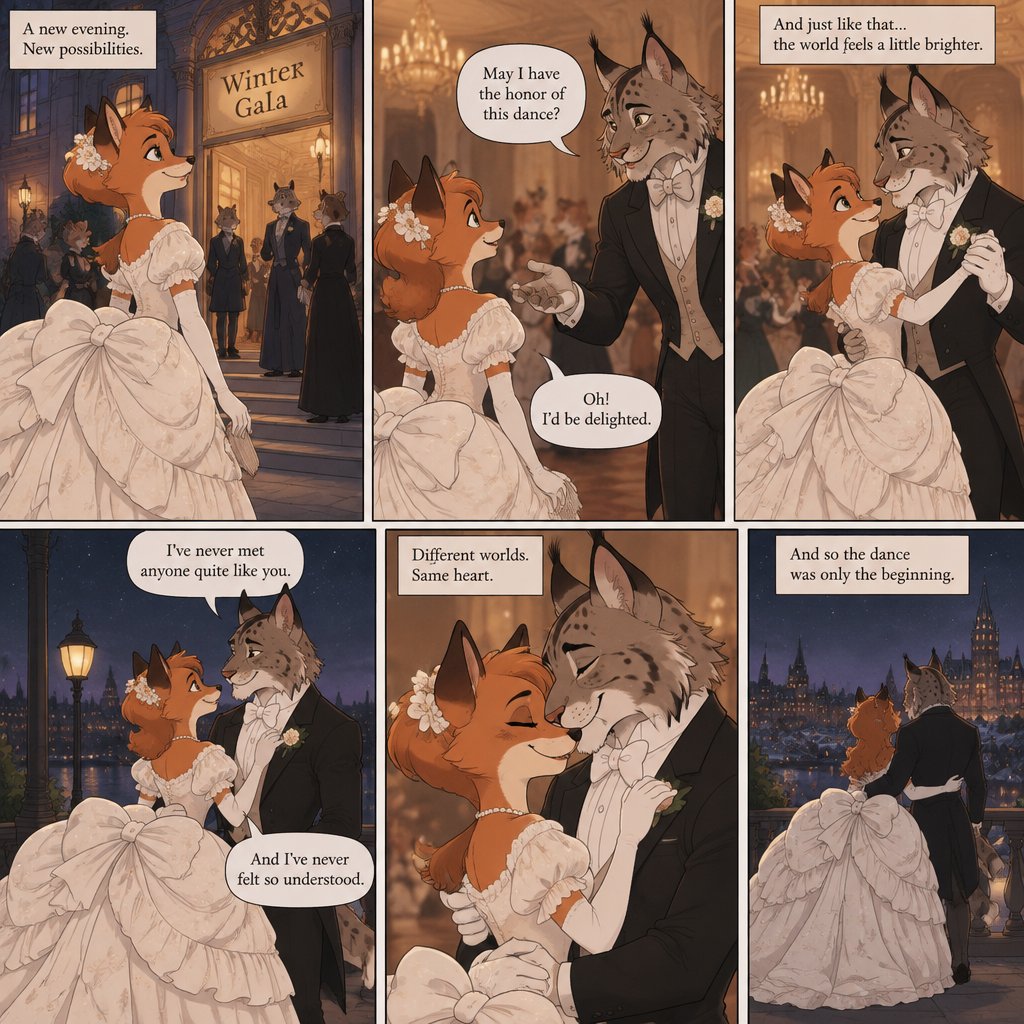 A multi panel comic about a female anthropomorphic fox wearing a white dress with a huge bustle, first she goes to a ball room then a Canadian lynx asks her to dance and then they fall in love with each other, animated style