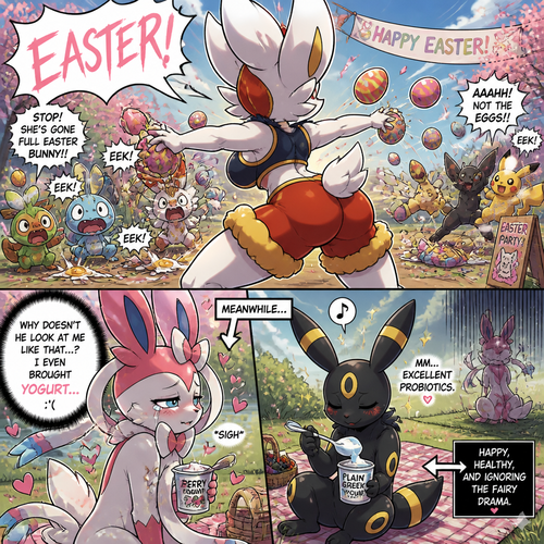 A busty well-made fluffy female Pokemon character, Cinderace. Who celebrates on every Easter Day and shouts, EASTER! And wrecking up a place like a crazy party gal while she knocked other terrified Pokemon by throwing eggs at them but A cute but creepy but a gay male Sylveon just as sad and irritating about being ignored by a male Umbreon while eating a healthy yogurt distracted and appreciated. All well-made characters. A dramatic and a funny comedy show. A comic views. Spring season. Side/back view.