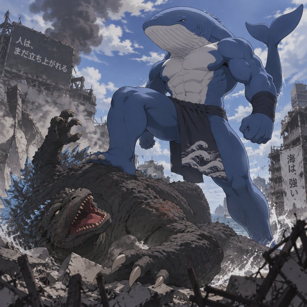 Godzilla fighting and losing to a anthropomorphic blue whale. Anime art style, full body.