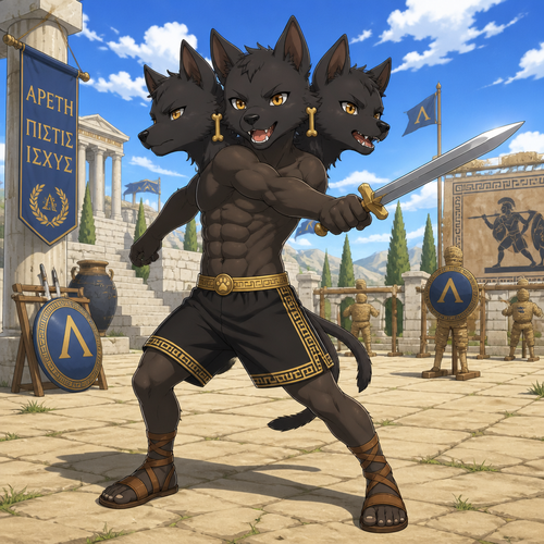 A elementary school aged male anthropomorphic Cerberus wearing Greek inspired shorts, shirtless showing off a 16 pack of abs, Greek sandals, and golden bone earrings. He is in a Greek training grounds practicing his sword work. Anime art style, solo, full body.