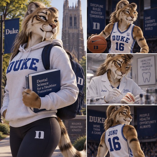 A beautiful female anthropomorphic saber tooth tiger named Juno, goes to Duke University, is a dentistry major, plays basketball, is number 16