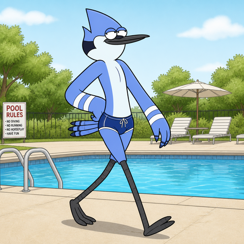 Mordicai from Regular Show wearing tight swim trunks. Strutting around the pool with confidence. Solo Full body
