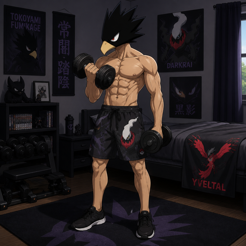 Tokoyami Fumikage wearing Darkrai themed shorts, shirtless showing off 16 pack of abs, and black tennis shoes. He is in his bedroom lifting weights. On his bed is a Yveltal towel. Anime style, solo, full body.