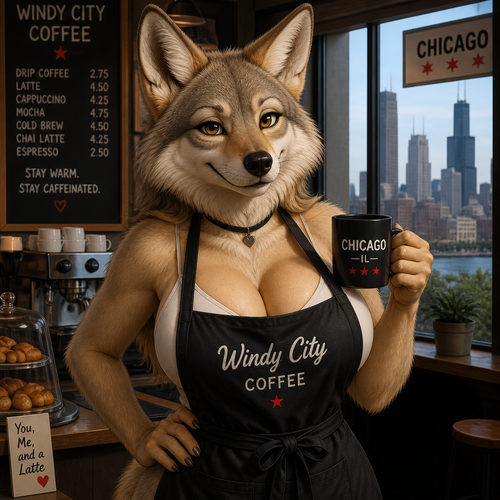 A busty grown female coyote that wears a apron and works at the cafe. Very well-made version. In a modern life. Lives in Chicago. Friendly and flirty. Front view. Fluffy.