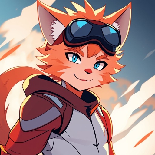 furry cat boy with orange skin, blue eyes, chic figure, slightly muscular, protruding backside, wearing red protective clothing