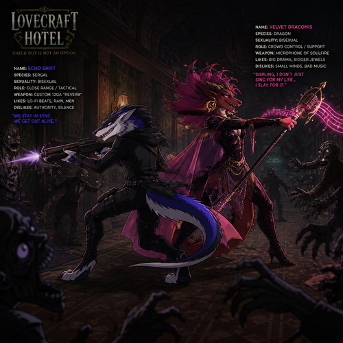 In the animated version of this universe, two adult male characters fight for their lives together against the undead inside the Lovecraft hotel. A bisexual Sergal and the drag queen the Dragon. Do better with music. Side view.